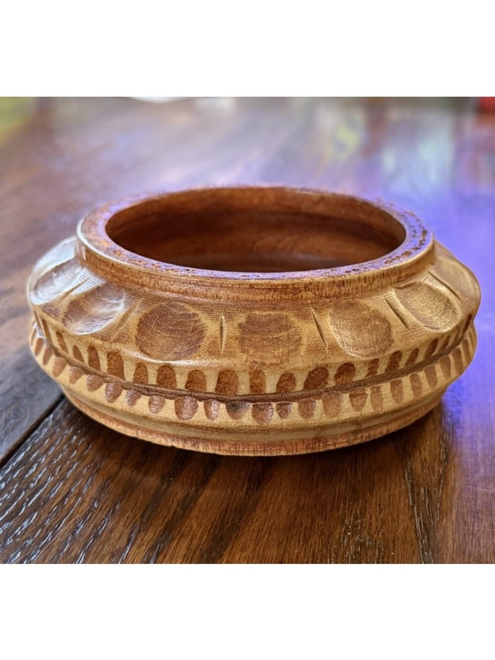 Old Hand Carved Round Wooden Bowl 5” Round